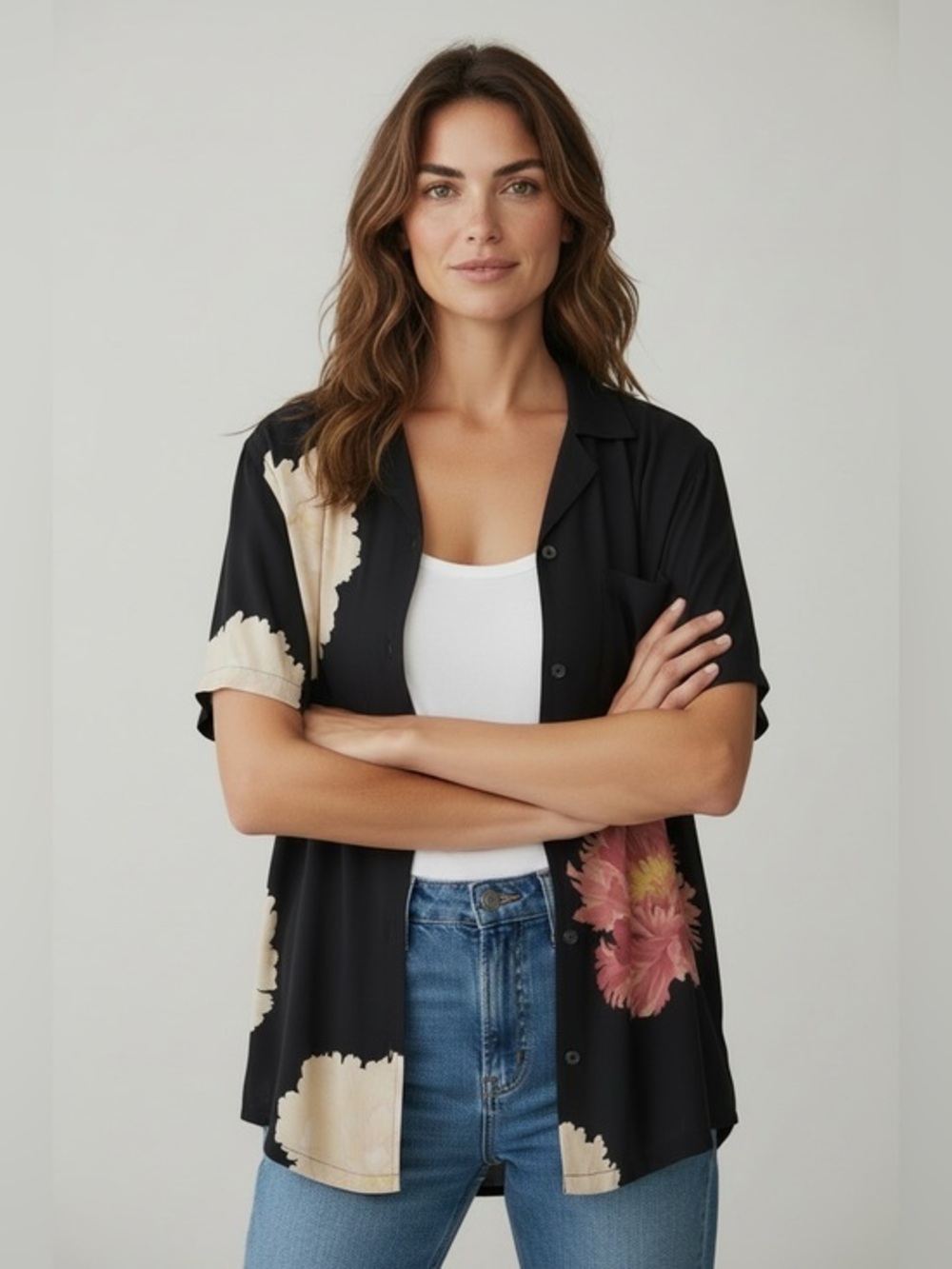 AllSaints Fleur Camp Shirt Black Pink Peony Men's L/Women's XL- MSRP $199